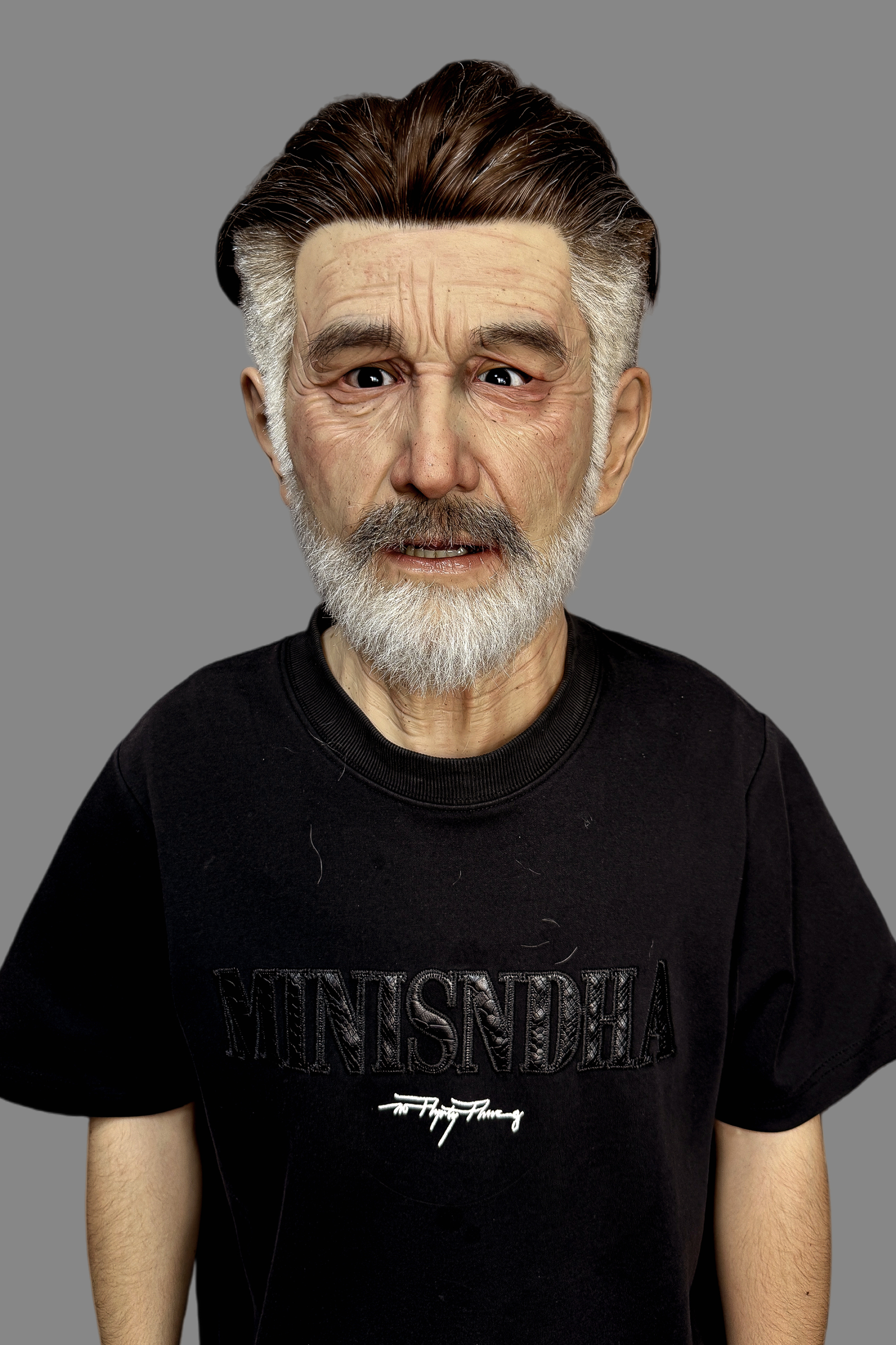Ultra-lifelike old gentleman silicone disguise mask featuring pompadour hairstyle with gray sides, full white beard and realistic aged skin texture, front display.
