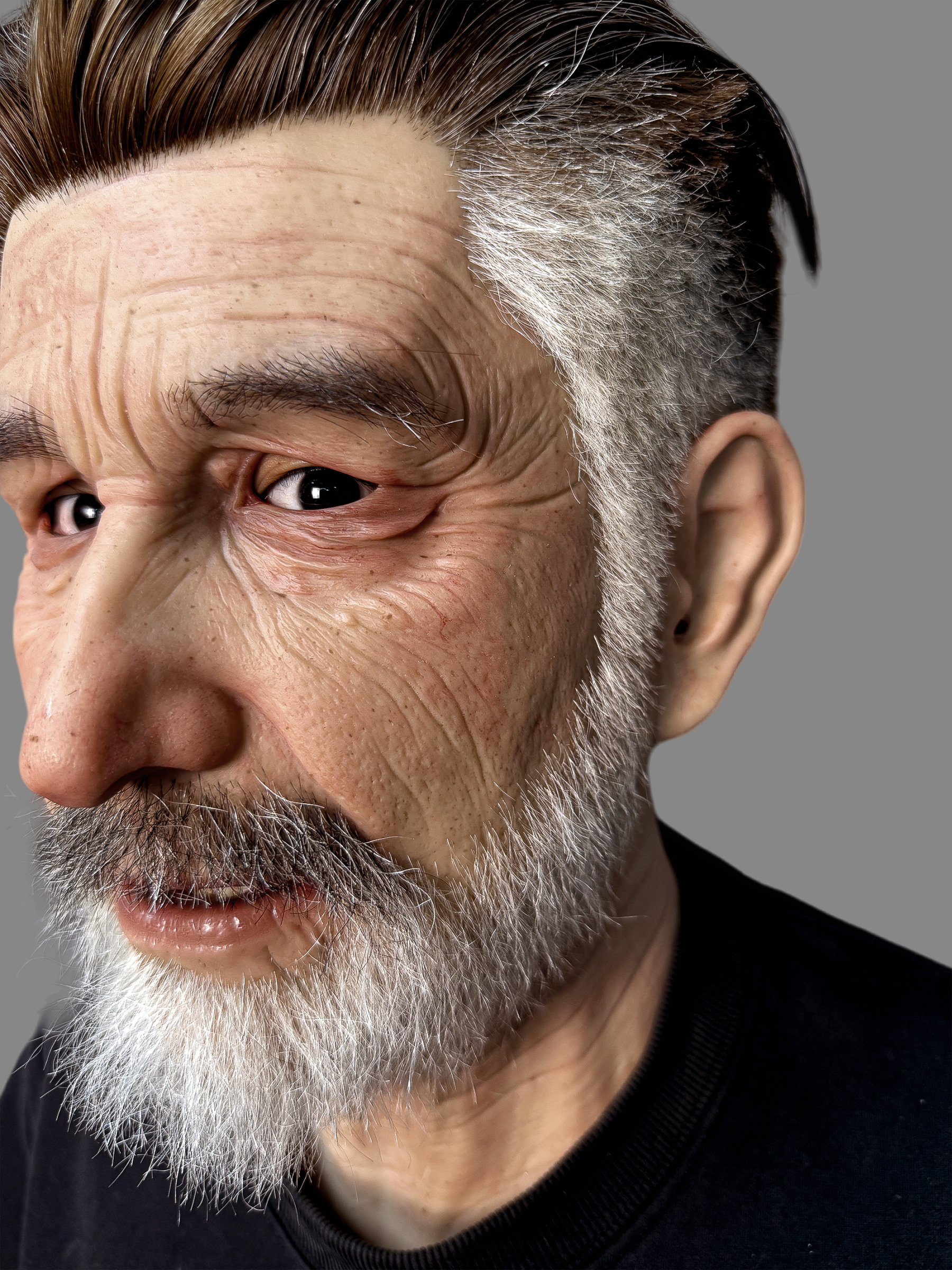 Professional-grade realistic elderly Caucasian silicone mask with classic pompadour graying hair, long white beard and detailed facial wrinkles, front view.