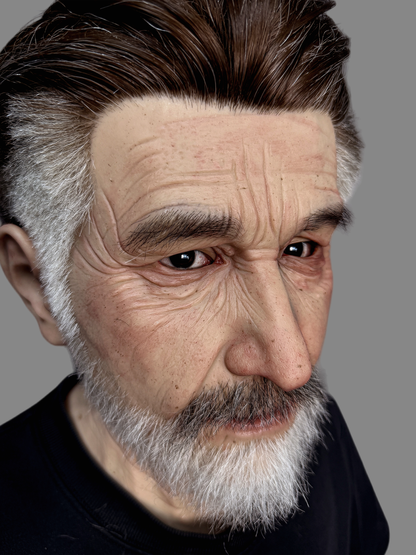 High-end old man silicone full-head mask showing sharp fade haircut, white beard integration and ultra-realistic ear detail, right side angle.