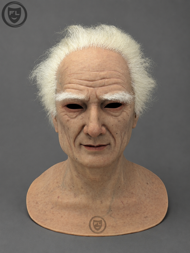 Professor Edwin full head elderly silicone mask displayed from front