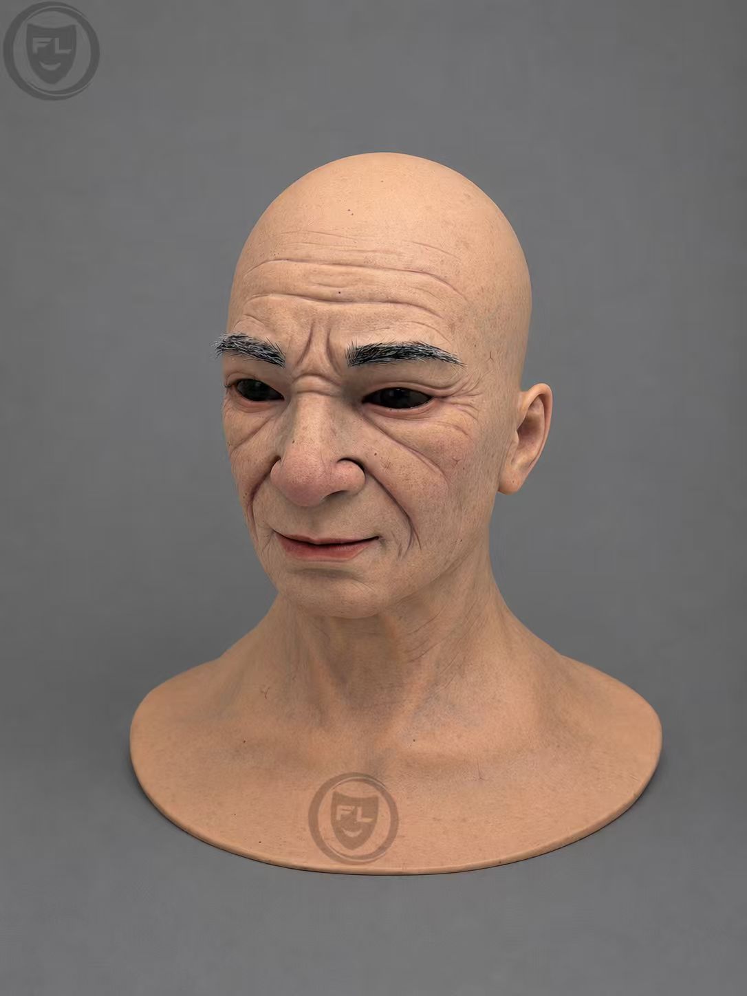 Silicone Mask of an Elderly Man with a Bald Head and Wood-Grain Texture
