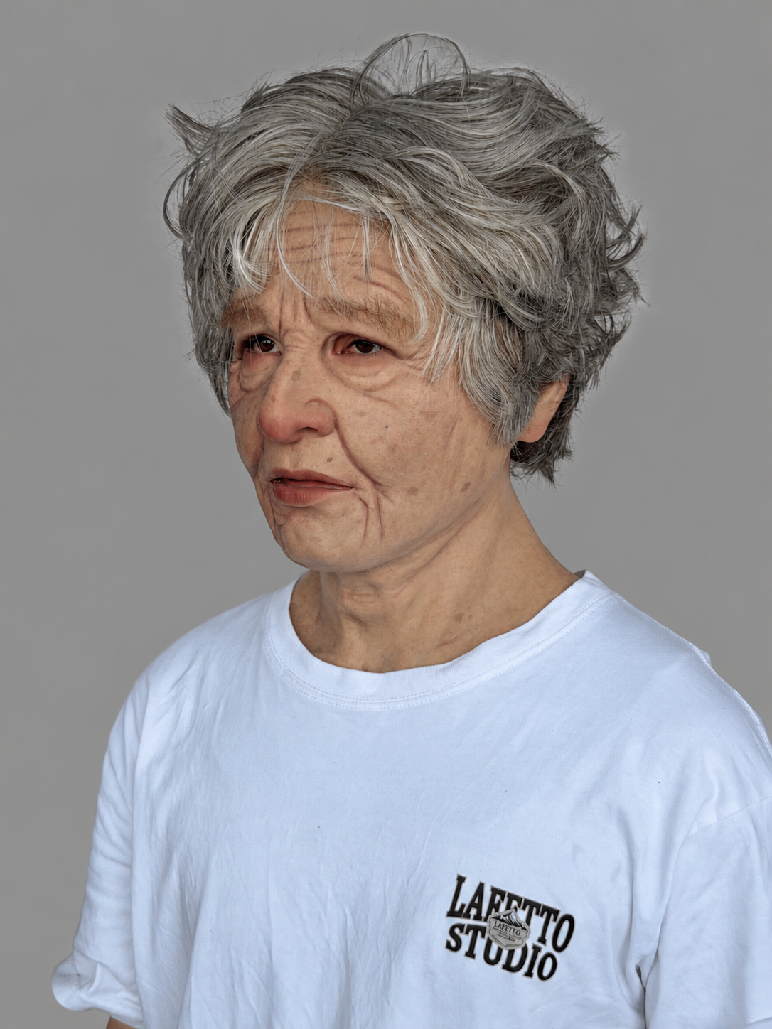Realistic Silicone Mask of an Elderly Woman with Short Hair