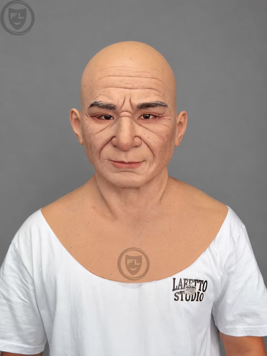 Silicone Mask of an Elderly Man with a Bald Head and Wood-Grain Texture
