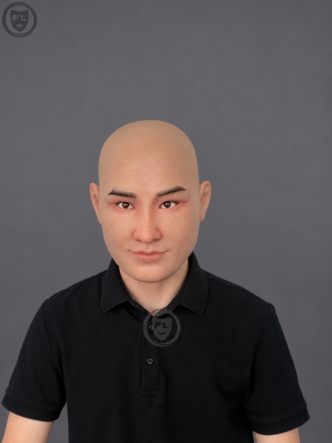 Realistic middle-aged silicone mask with a bald Asian face