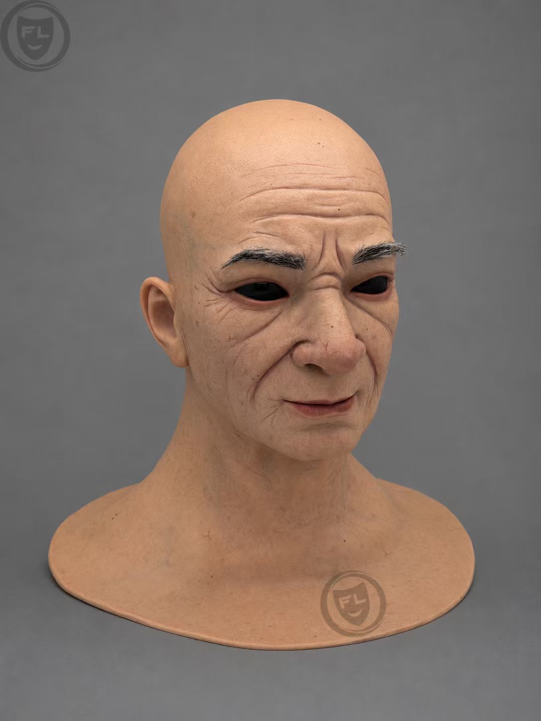 Silicone Mask of an Elderly Man with a Bald Head and Wood-Grain Texture