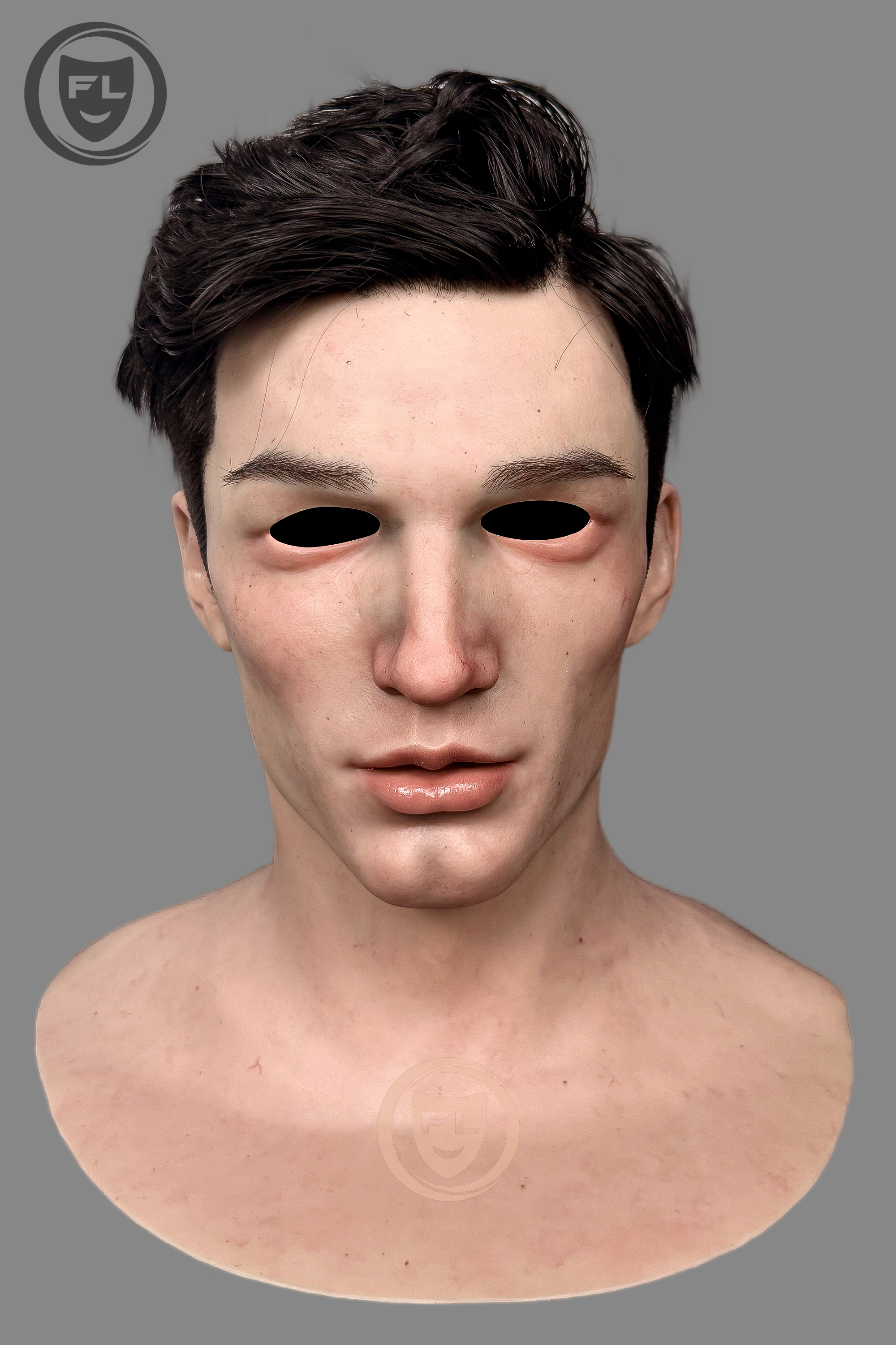 Realistic young male silicone mask close-up
