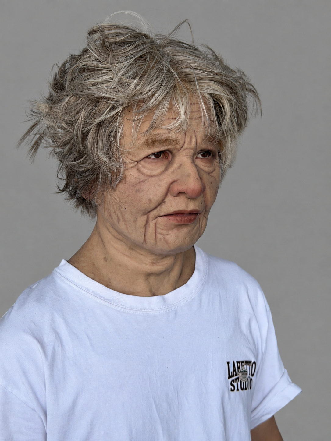 Realistic Silicone Mask of an Elderly Woman with Short Hair