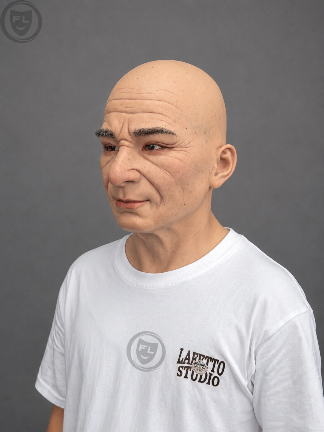 Silicone Mask of an Elderly Man with a Bald Head and Wood-Grain Texture