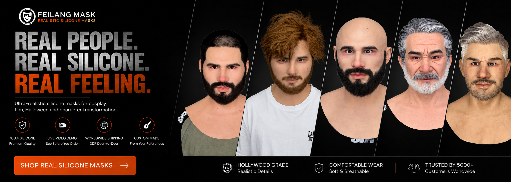 FeiLang ultra-realistic silicone masks with beards and different hairstyles for cosplay, film and Halloween