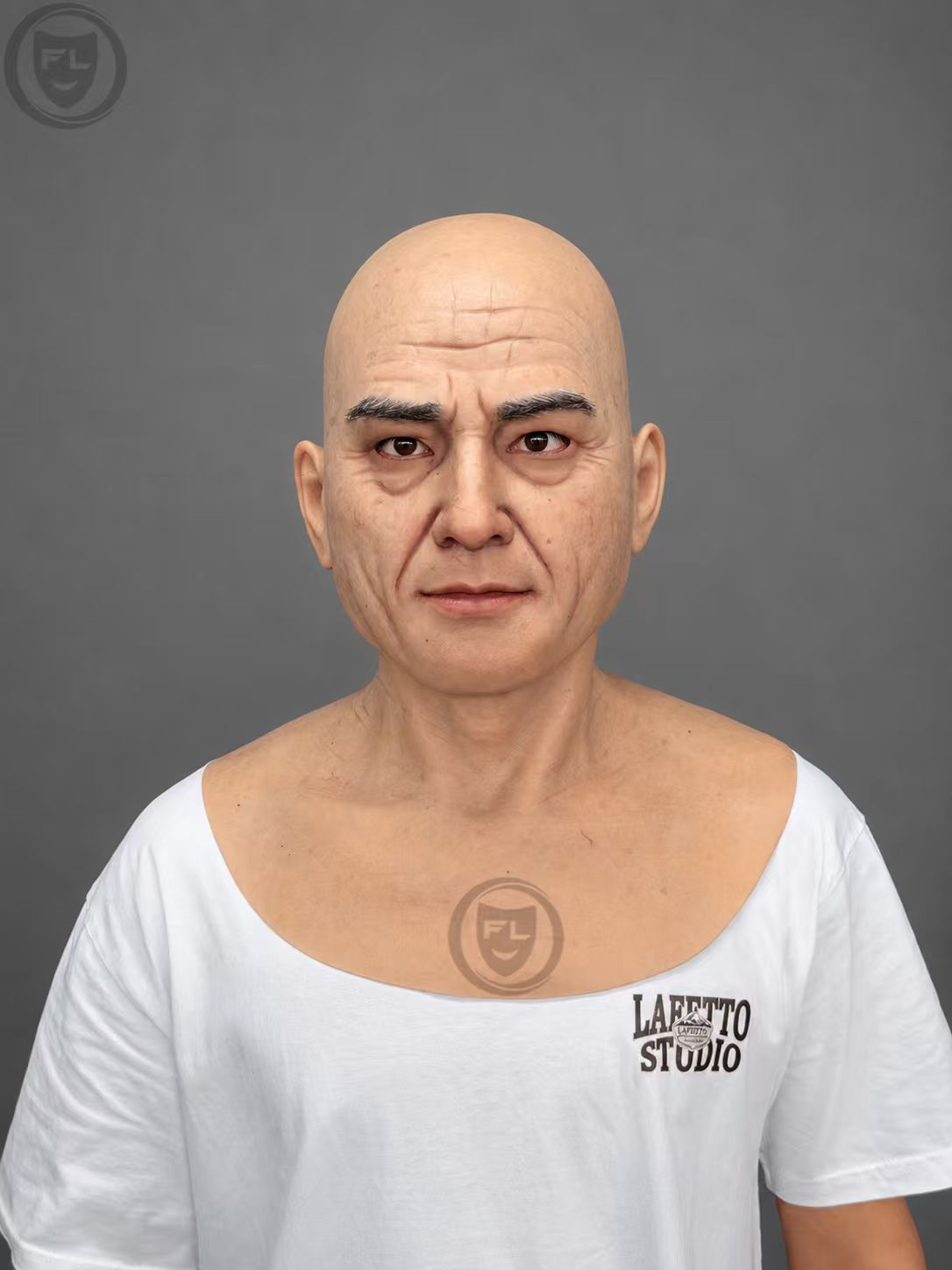 Realistic Silicone Mask of an Old Man with a Textured Bald Head