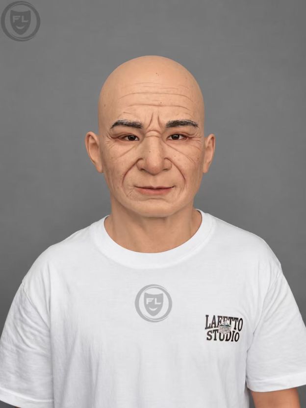 Silicone Mask of an Elderly Man with a Bald Head and Wood-Grain Texture