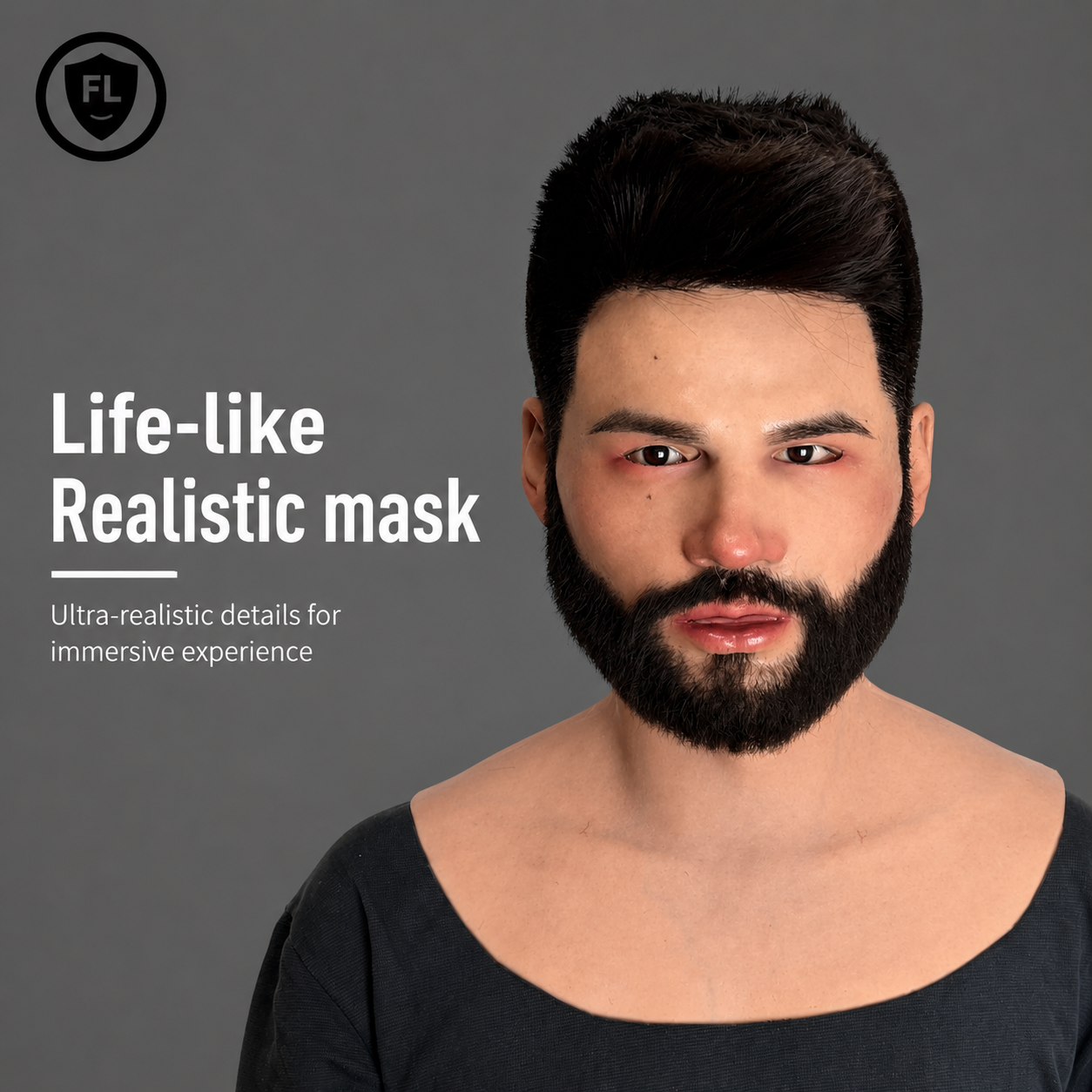 realistic bearded silicone mask worn by male model