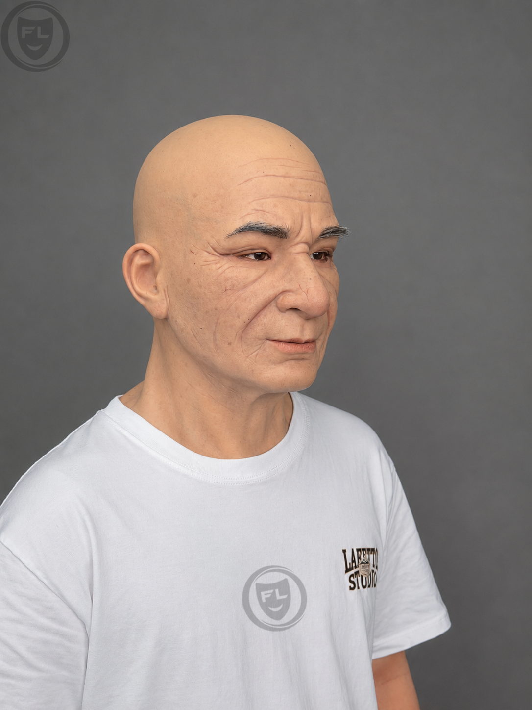 Silicone Mask of an Elderly Man with a Bald Head and Wood-Grain Texture