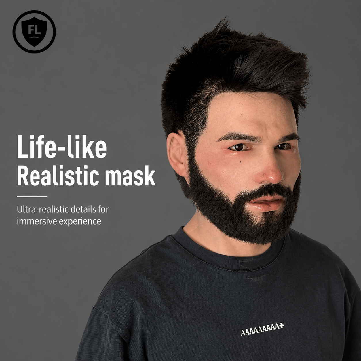 realistic silicone mask with beard front portrait