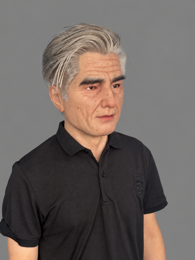 Silicone mask of an old man with realistic facial features and silver hair