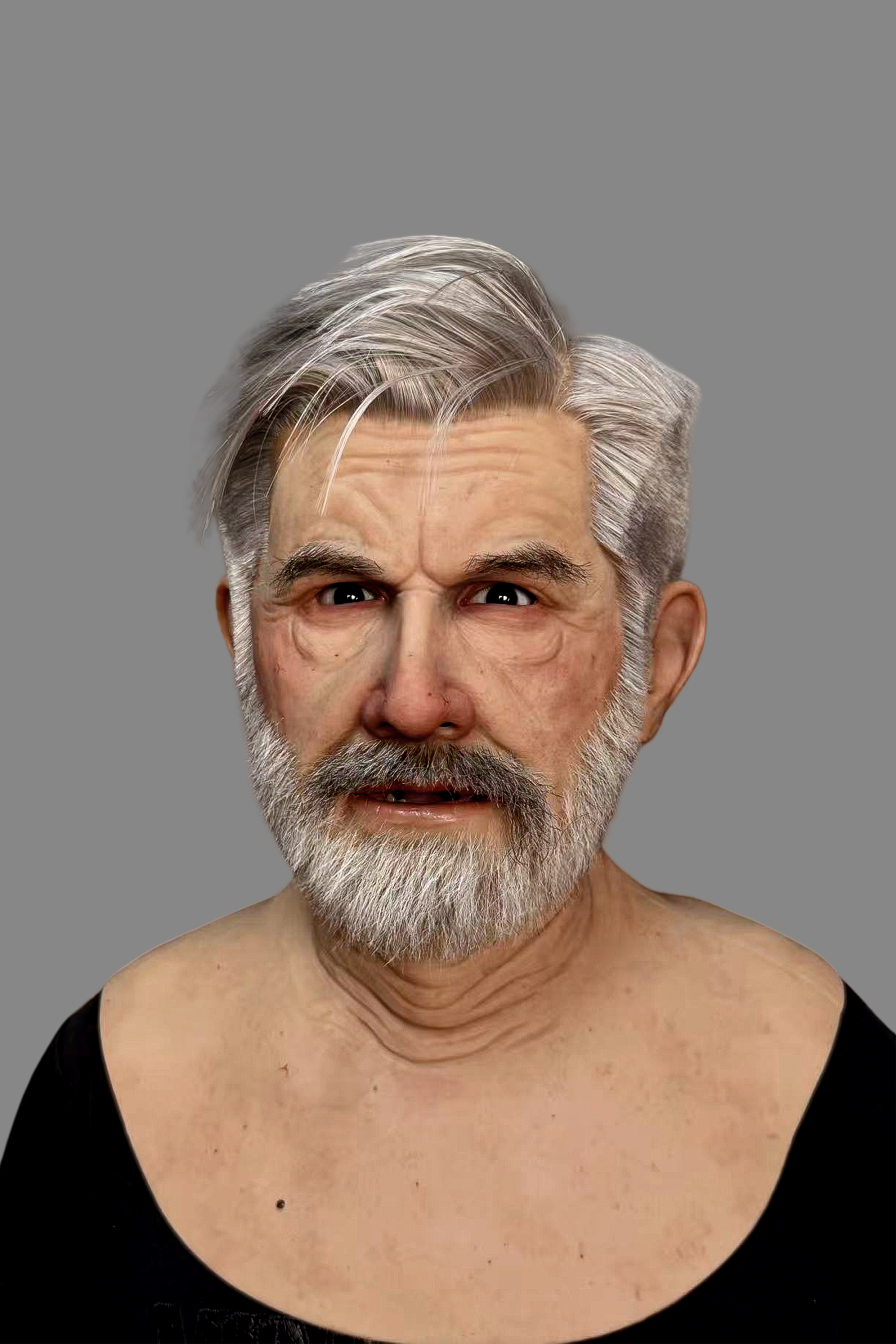 Hyper-realistic elderly Caucasian male silicone mask with silver-gray hair, full white beard, deep wrinkles and natural skin texture, left side view on model.