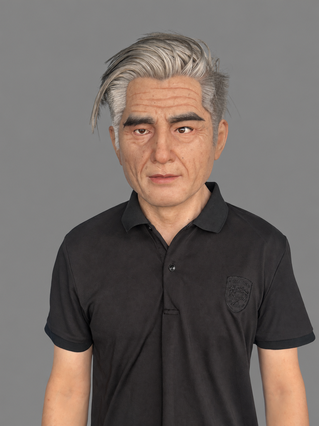 Silicone mask of an old man with realistic facial features and silver hair