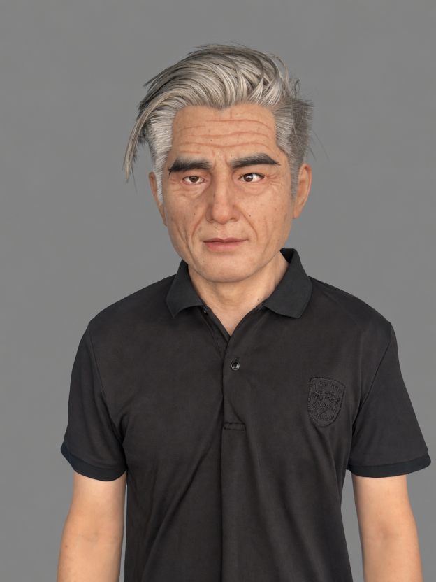 Silicone mask of an old man with realistic facial features and silver hair