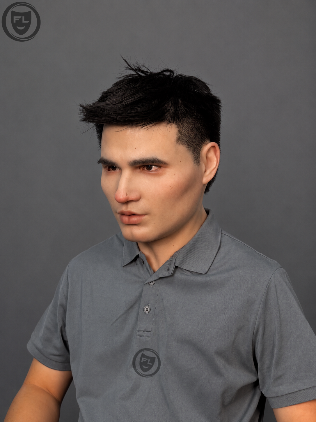 realistic young male silicone mask three quarter side view