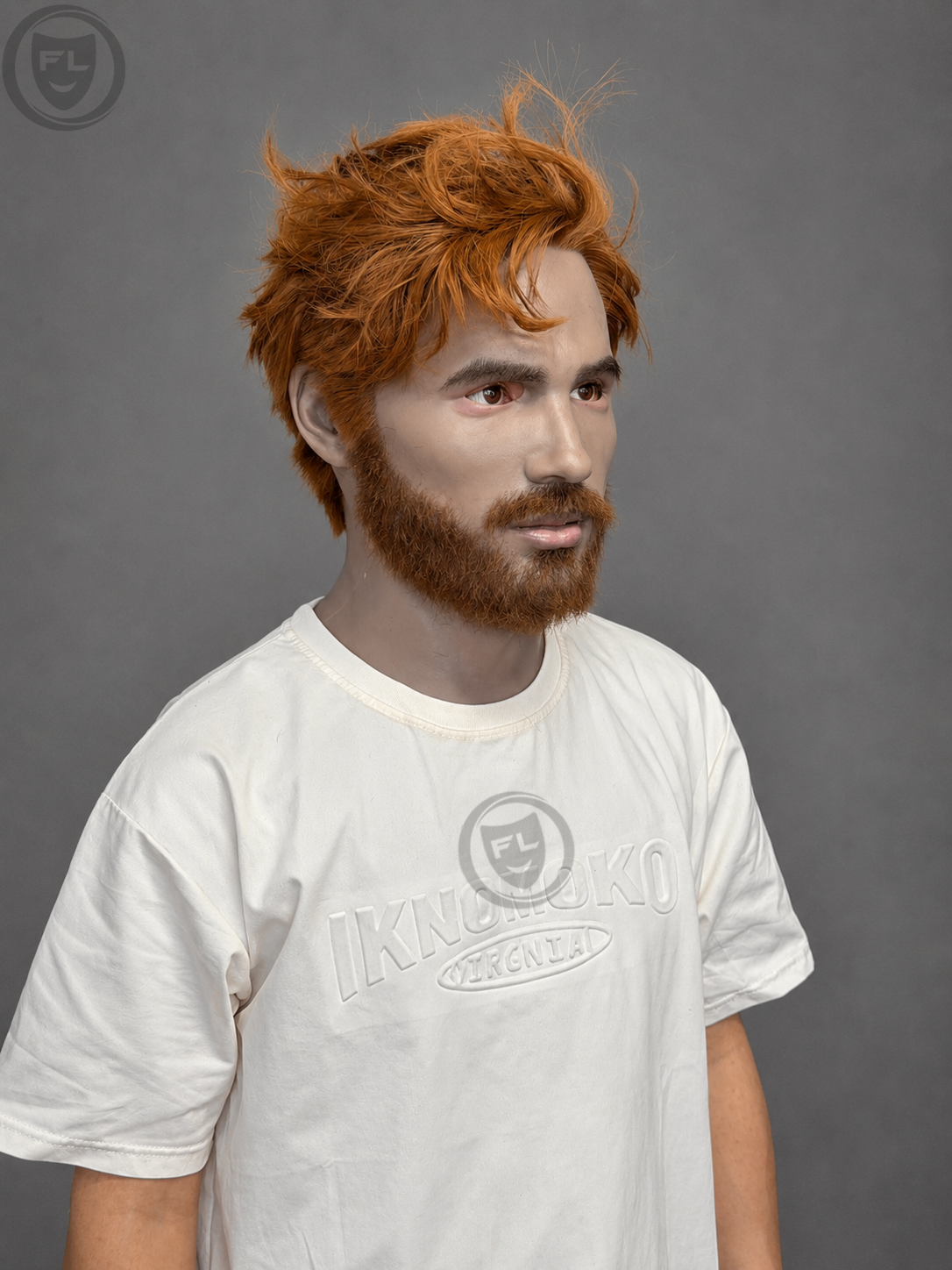 ginger hair movie prop mask three quarter worn view