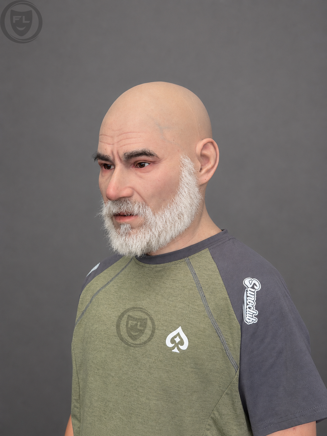 white beard silicone mask three quarter side view