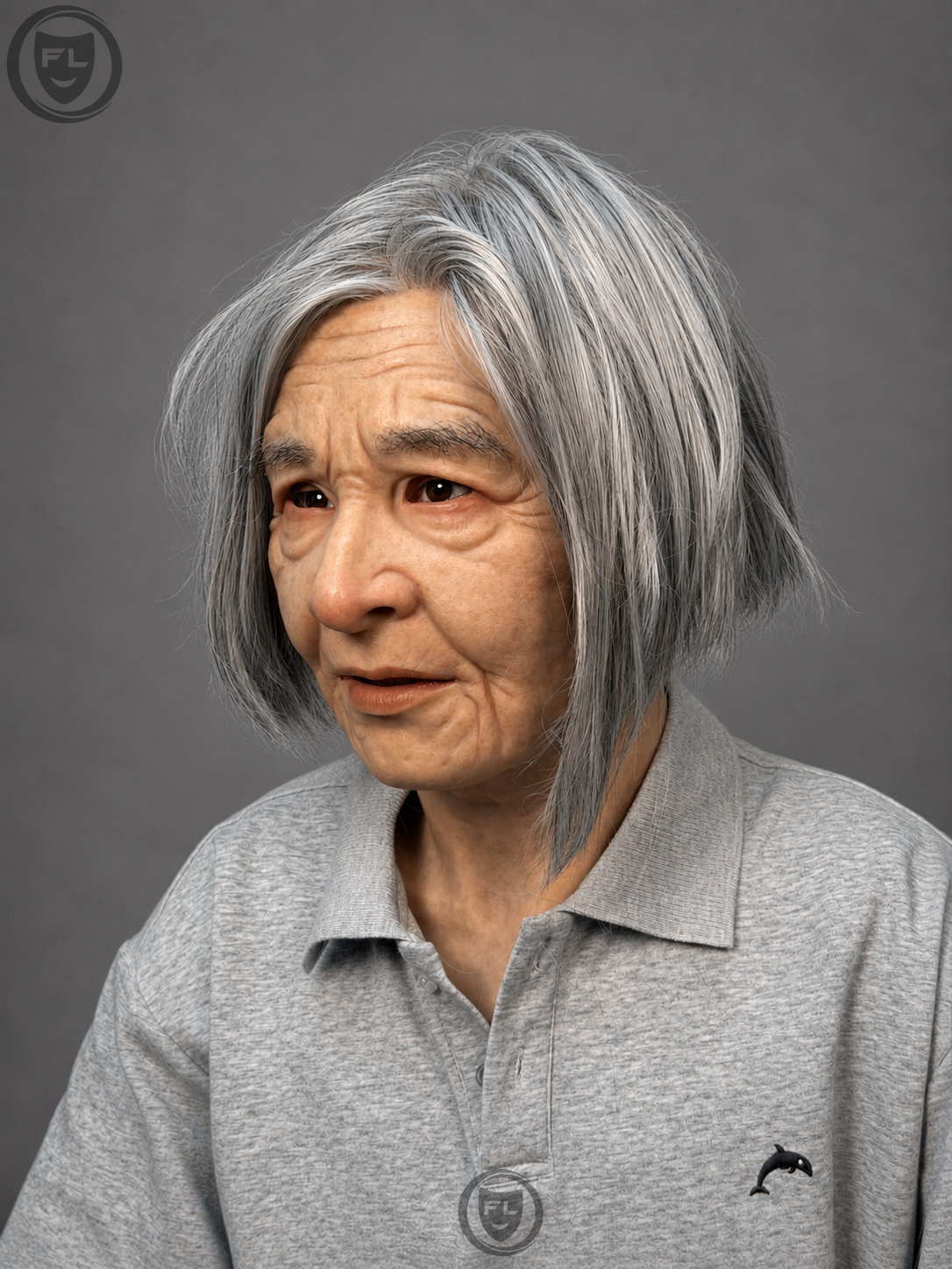 realistic grey hair silicone mask three quarter side view