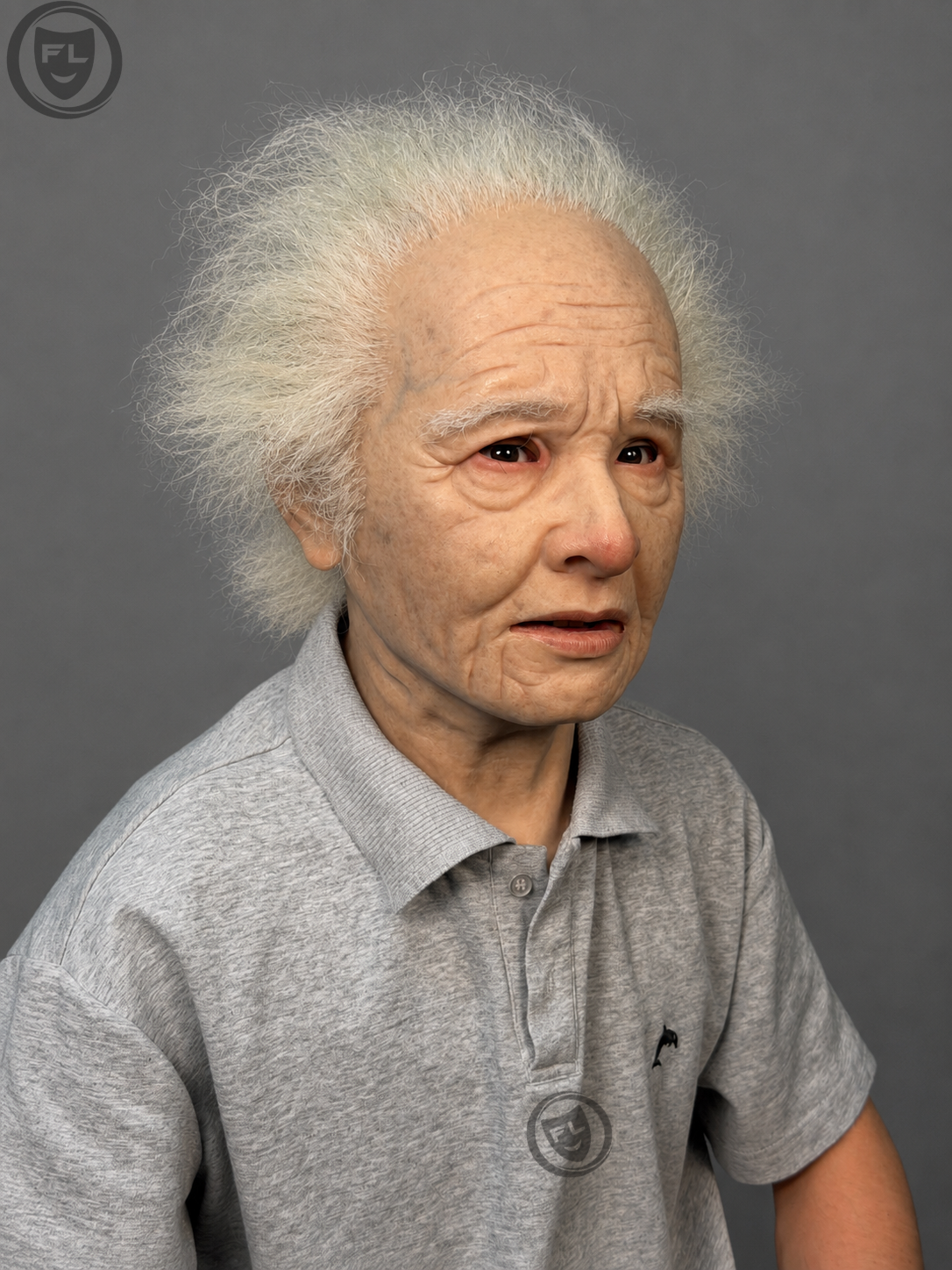 realistic wild white hair silicone mask three quarter side view