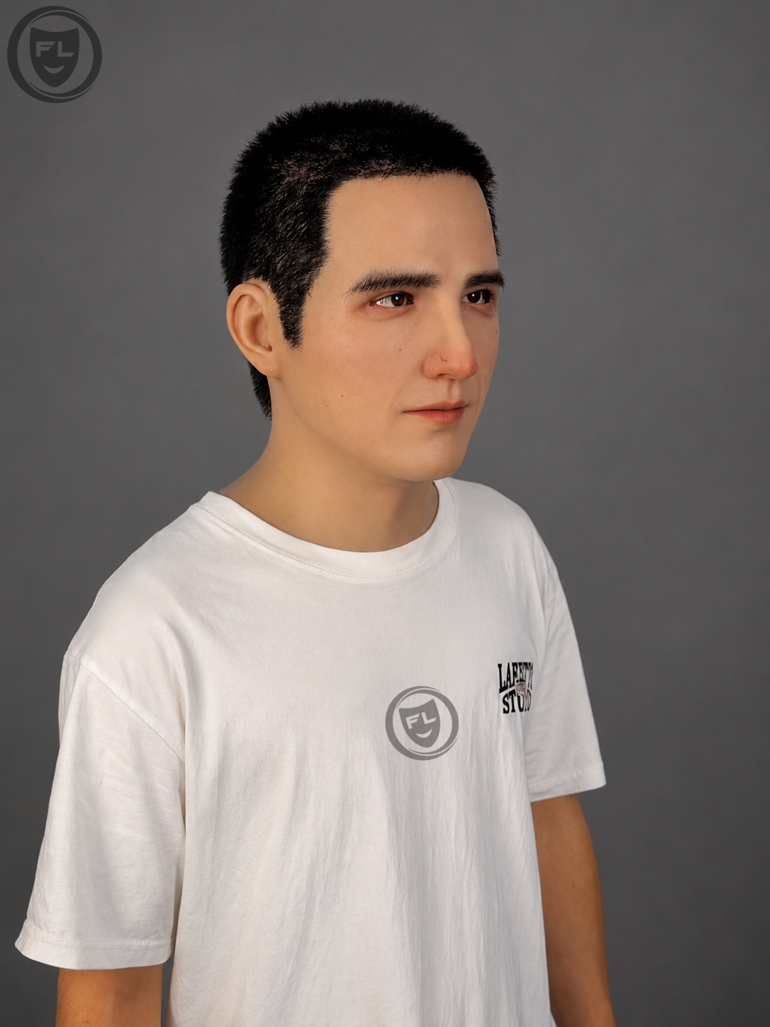 Realistic young male silicone mask worn from left side angle
