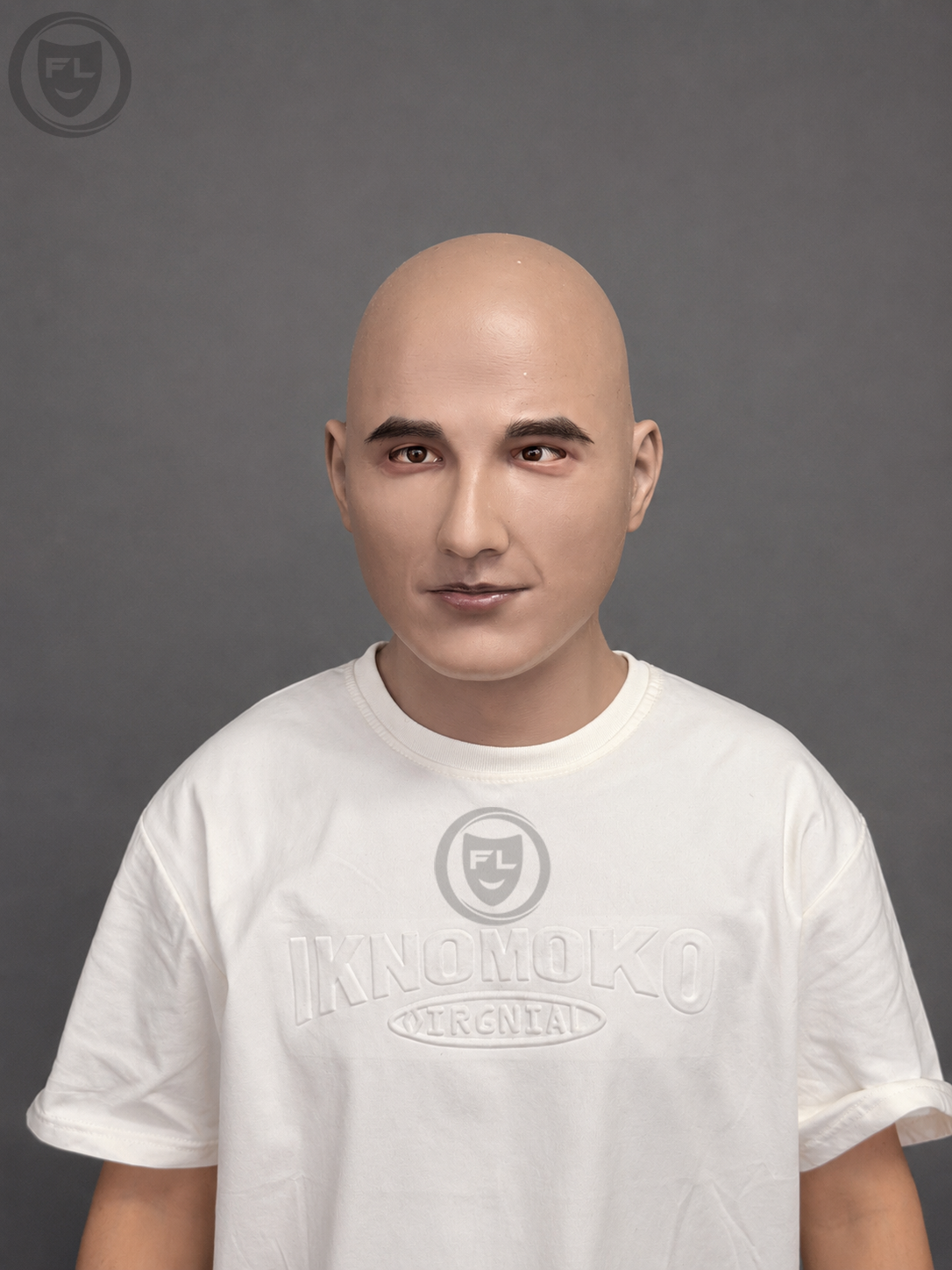 young bald film production mask worn front view