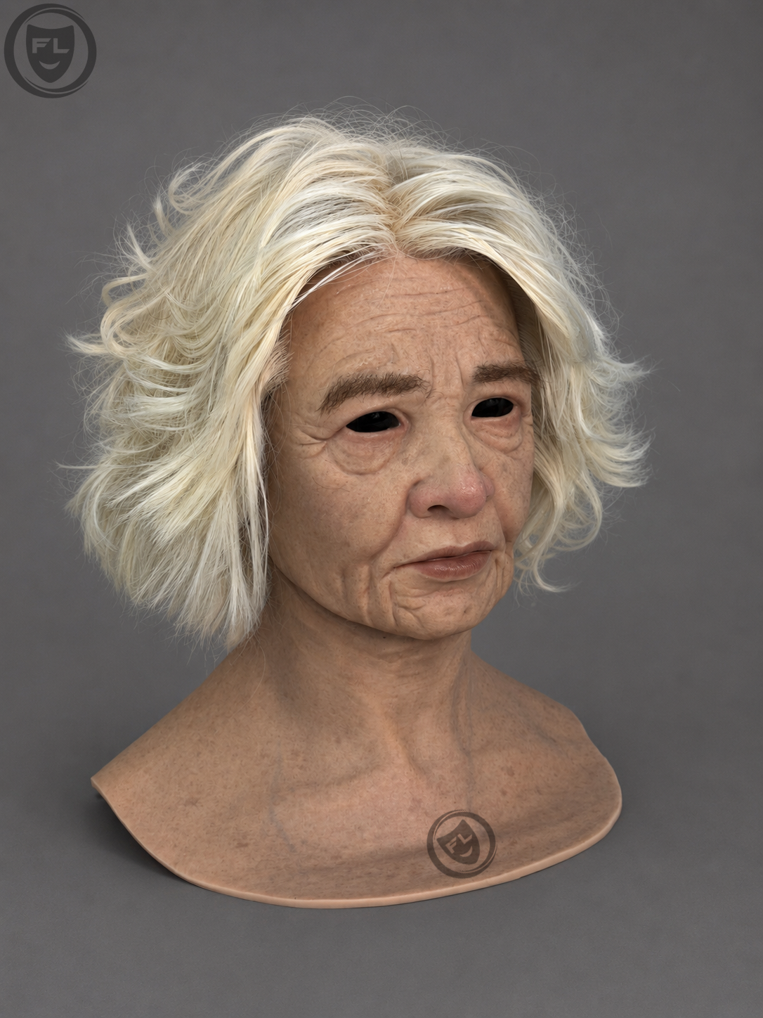 white hair elderly female mask left side profile
