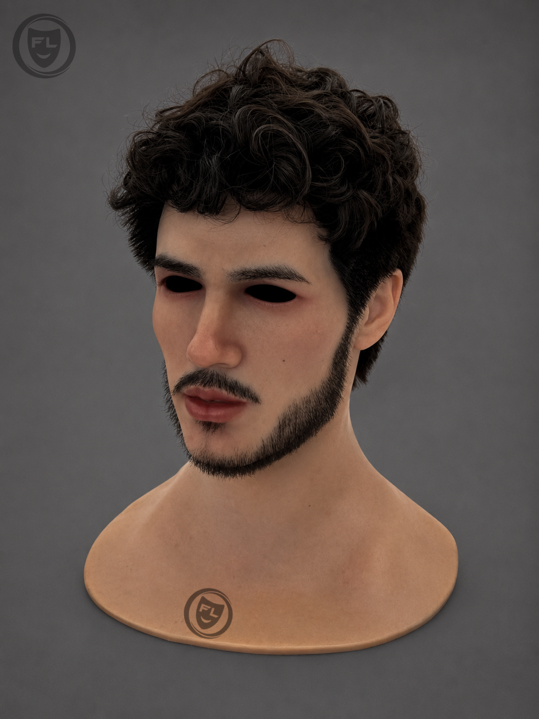 full head silicone mask right side profile with curly hair