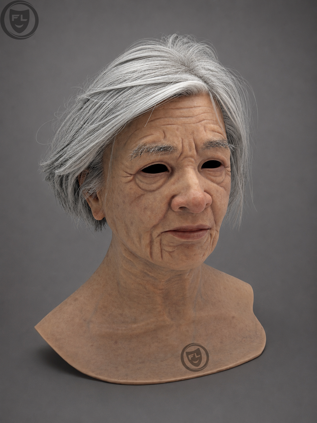 grey hair elderly female mask left side profile