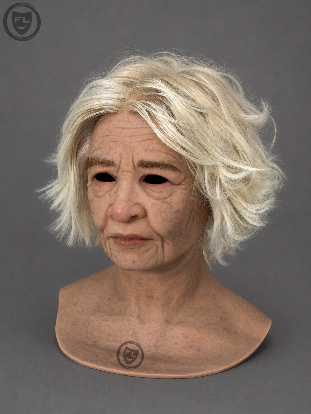 full head silicone mask right side profile with white wavy hair