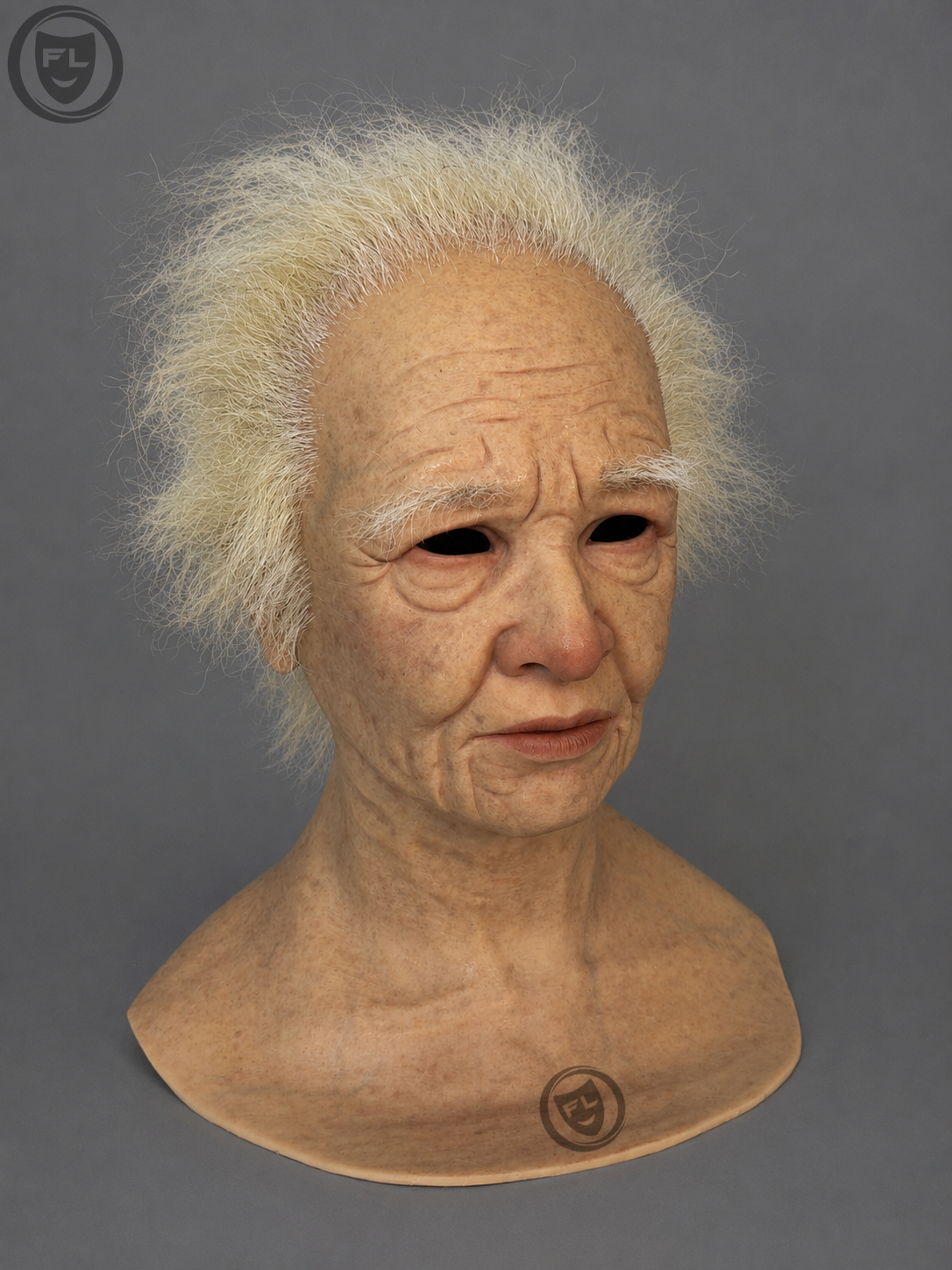 wild white hair elderly female mask left side profile