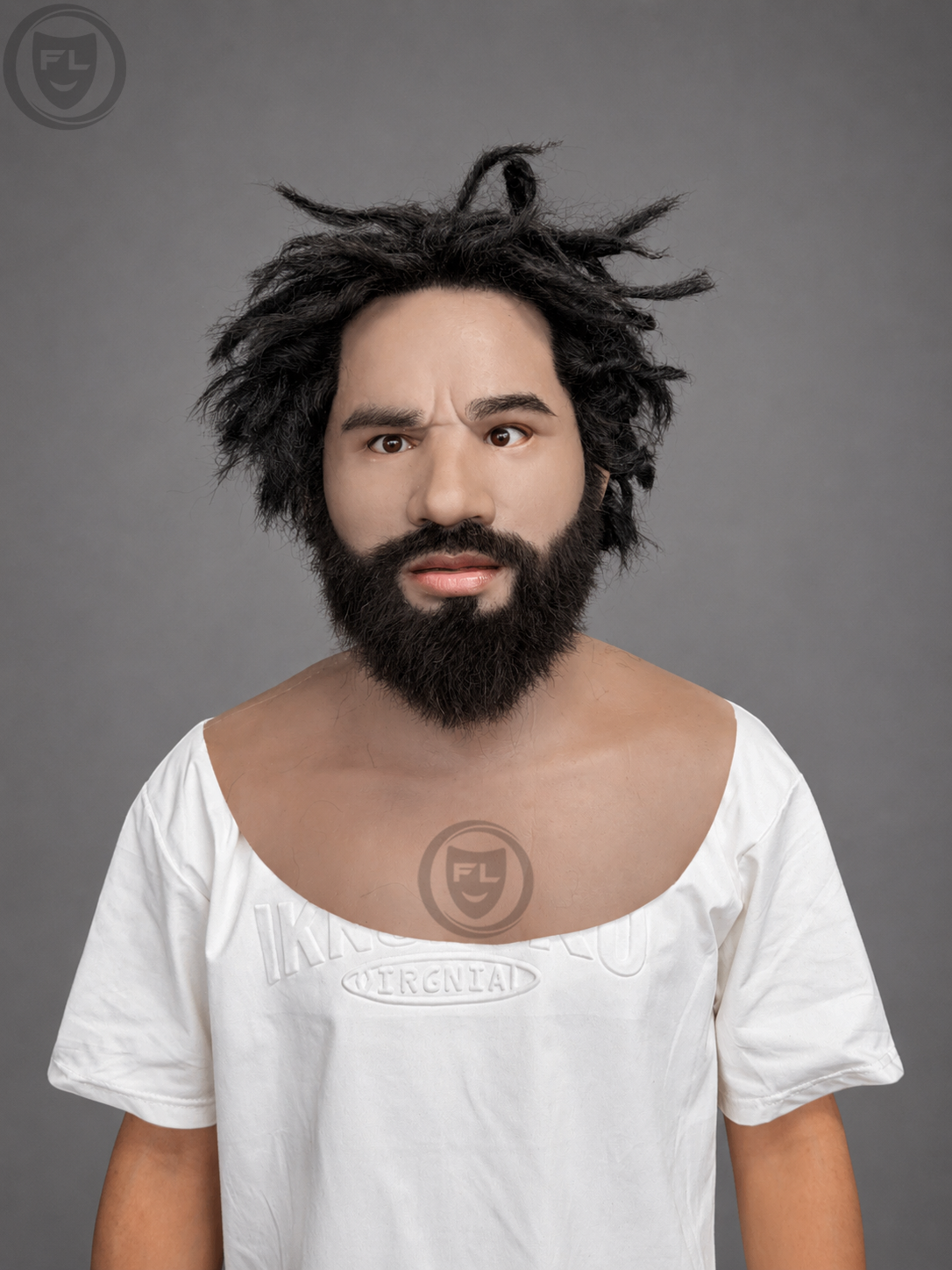 wild bearded male silicone mask worn front view