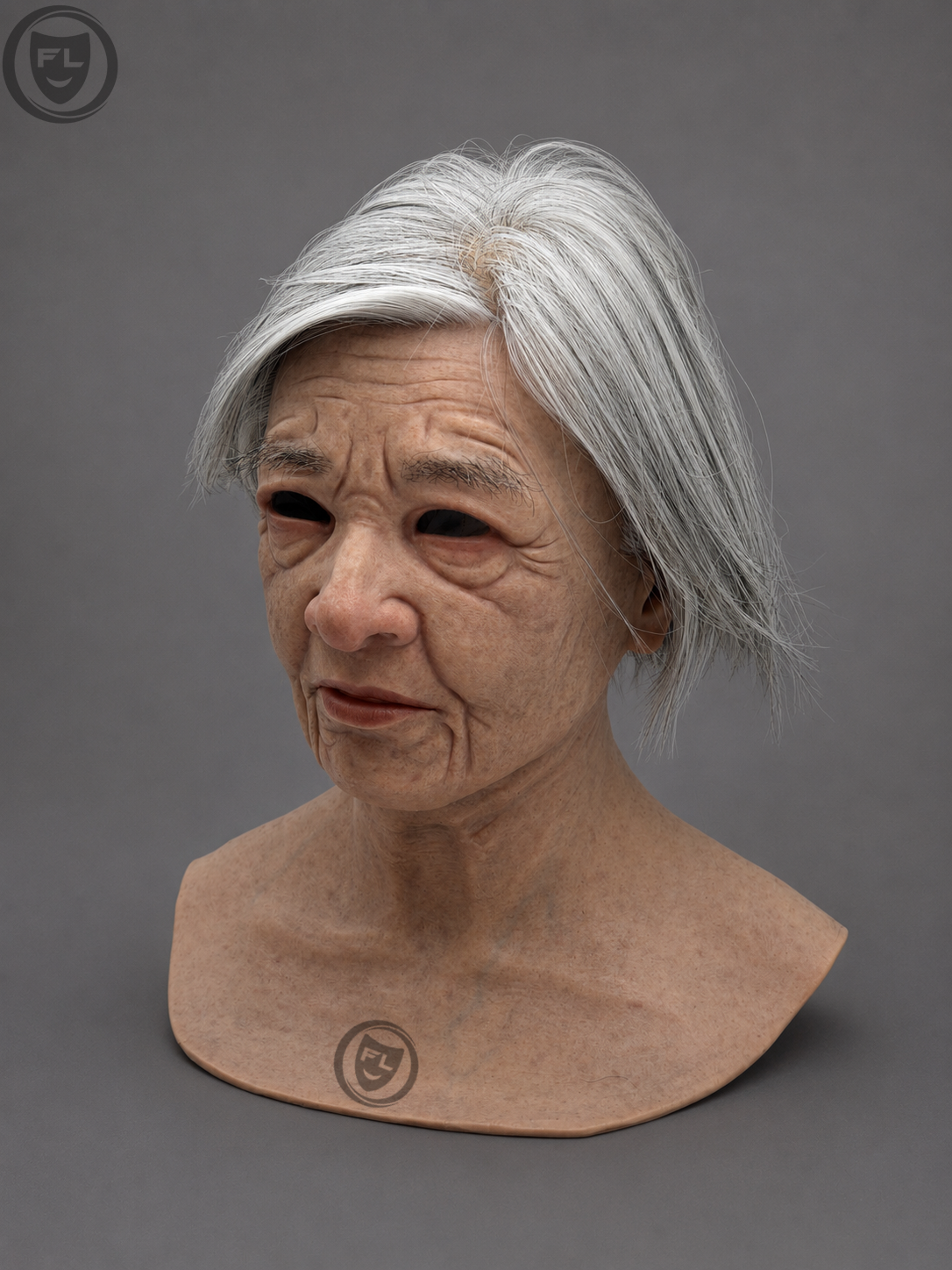full head silicone mask right side profile with grey hair