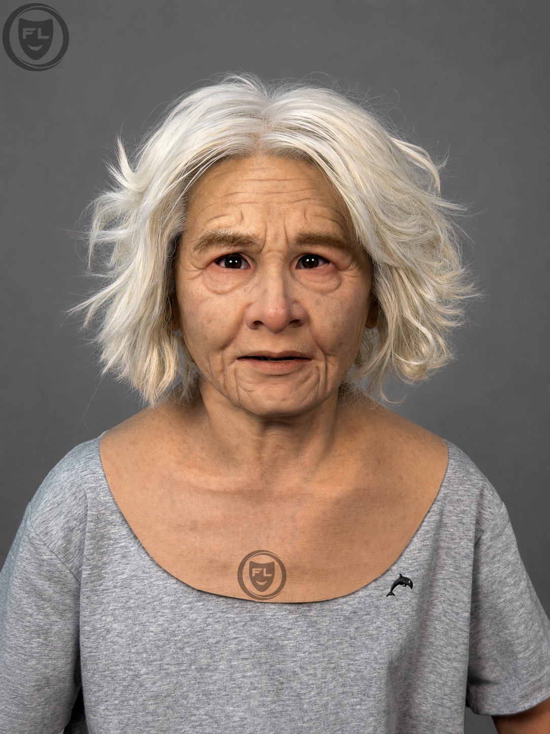 elderly female silicone mask with white hair worn front view