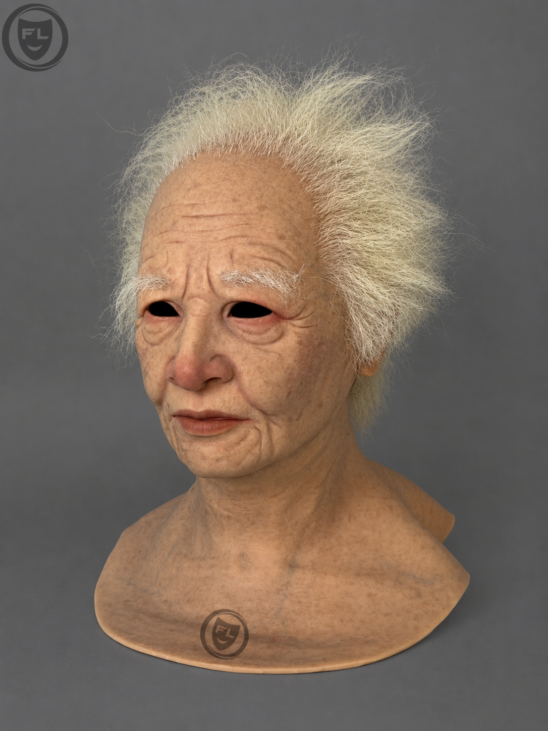 full head silicone mask right side profile with white hair