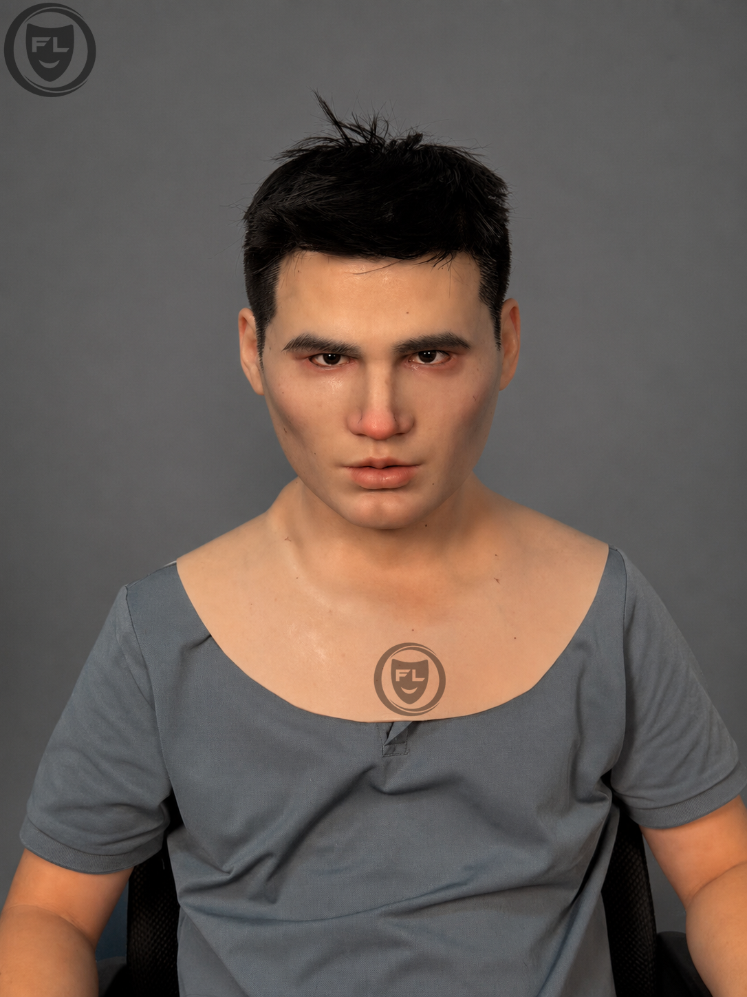 young male silicone mask with short black hair worn front view