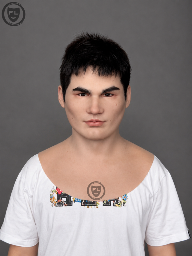 clean cut young male silicone mask worn front view