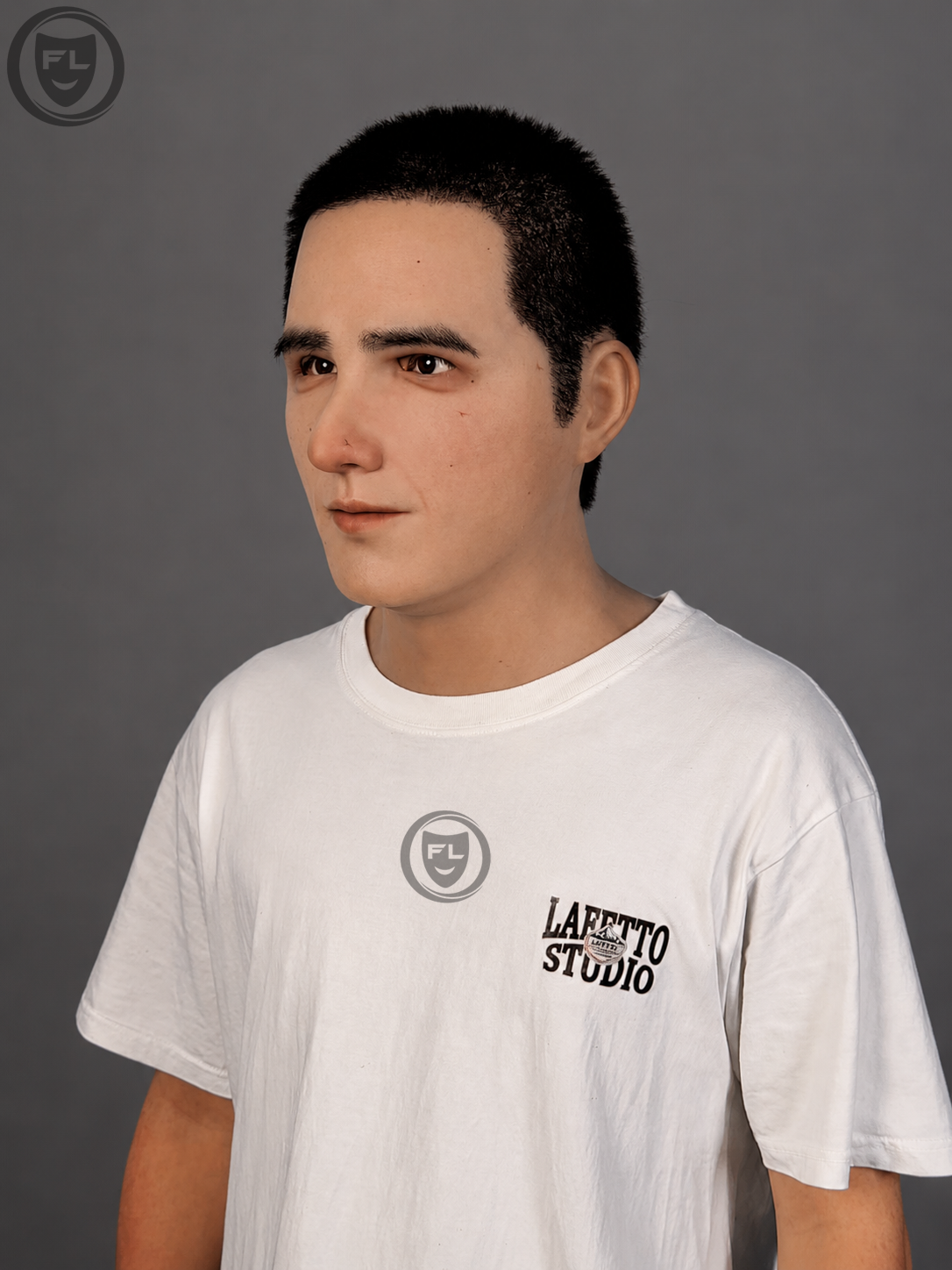 Ethan full head silicone mask with hair worn from right side angle