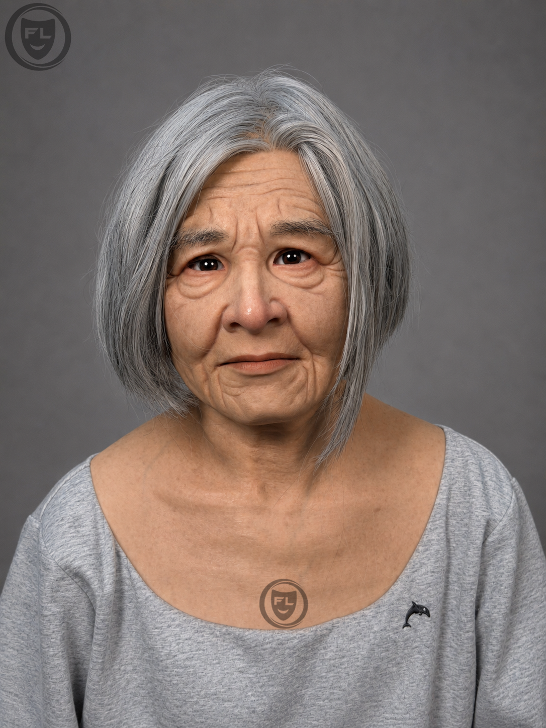 elderly female silicone mask with grey hair worn front view