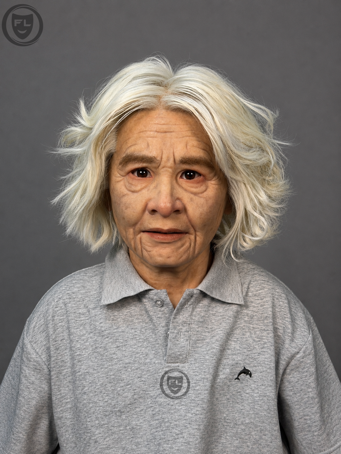 elderly female movie prop mask worn front view