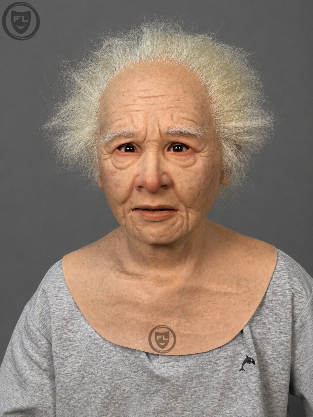 elderly female silicone mask with wild white hair worn front view
