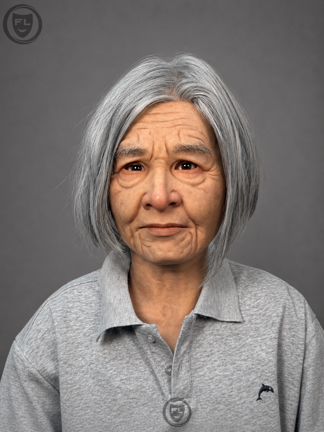 elderly female movie prop mask worn front view