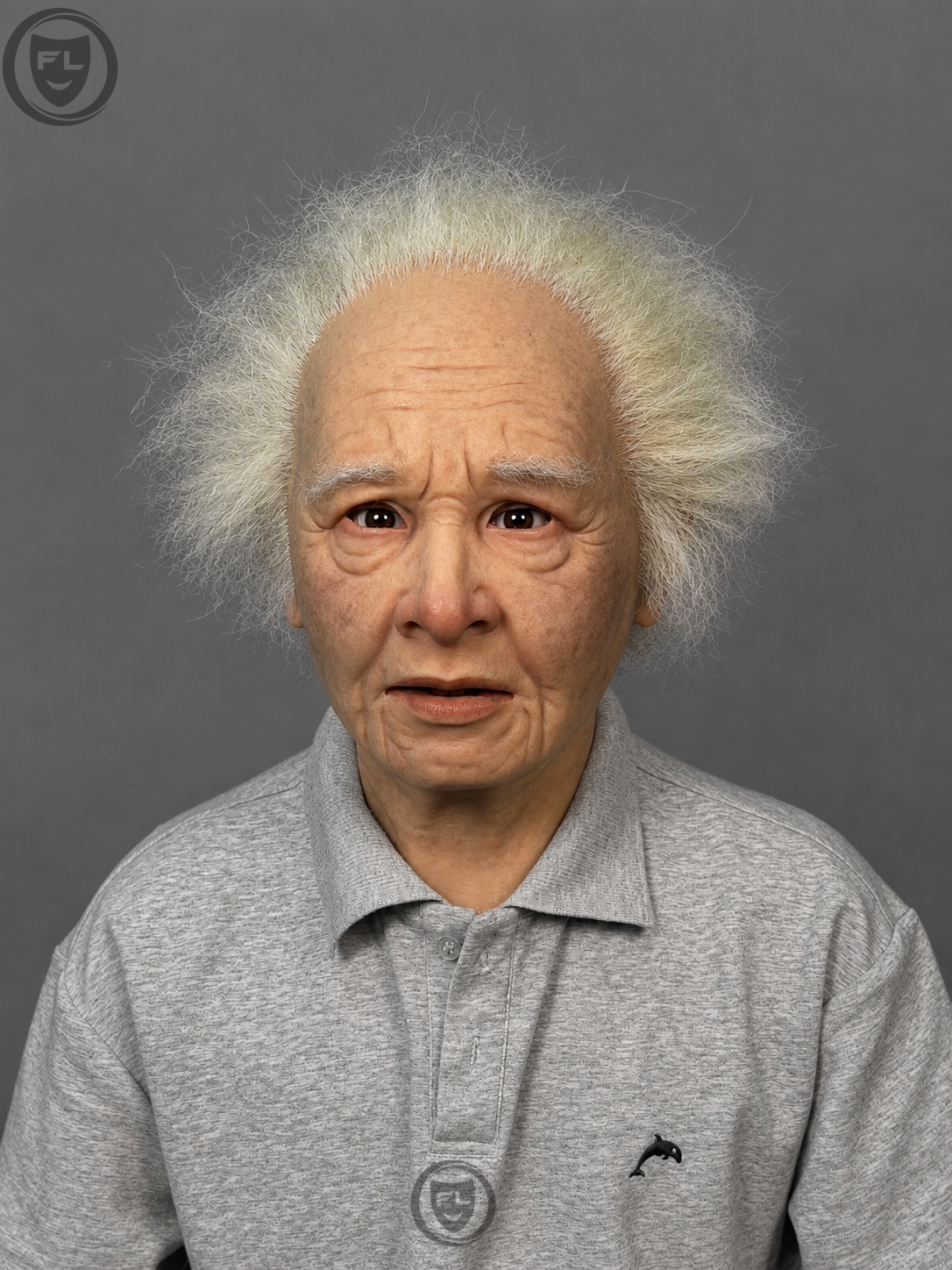elderly female movie prop mask worn front view