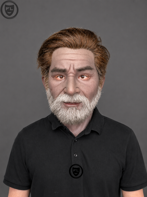 elderly male film production mask worn front view