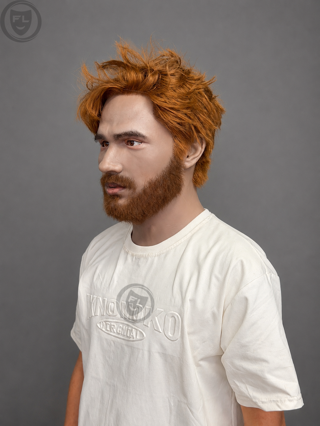 full head silicone mask worn side view with ginger hair