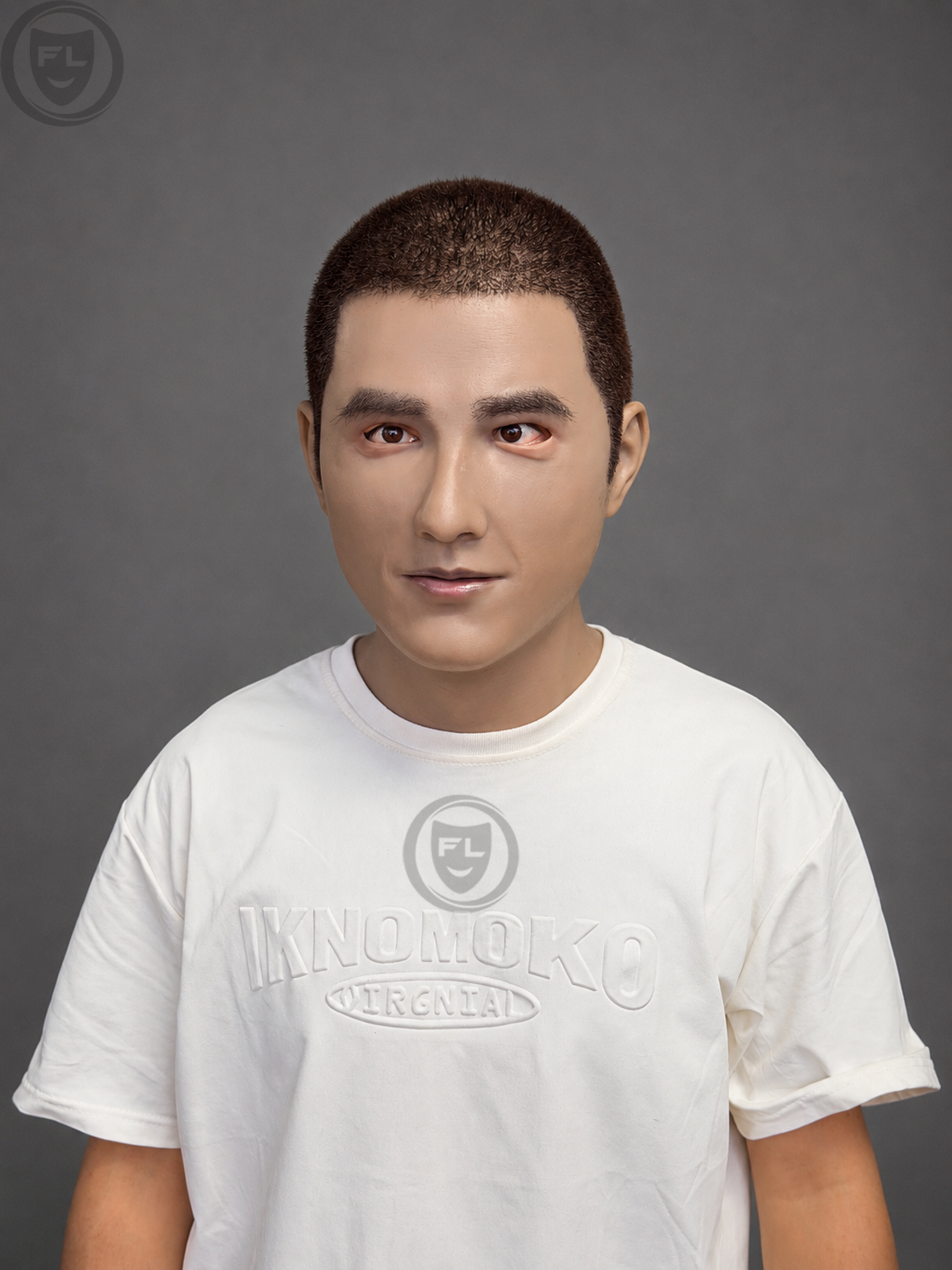 young male film production mask worn front view