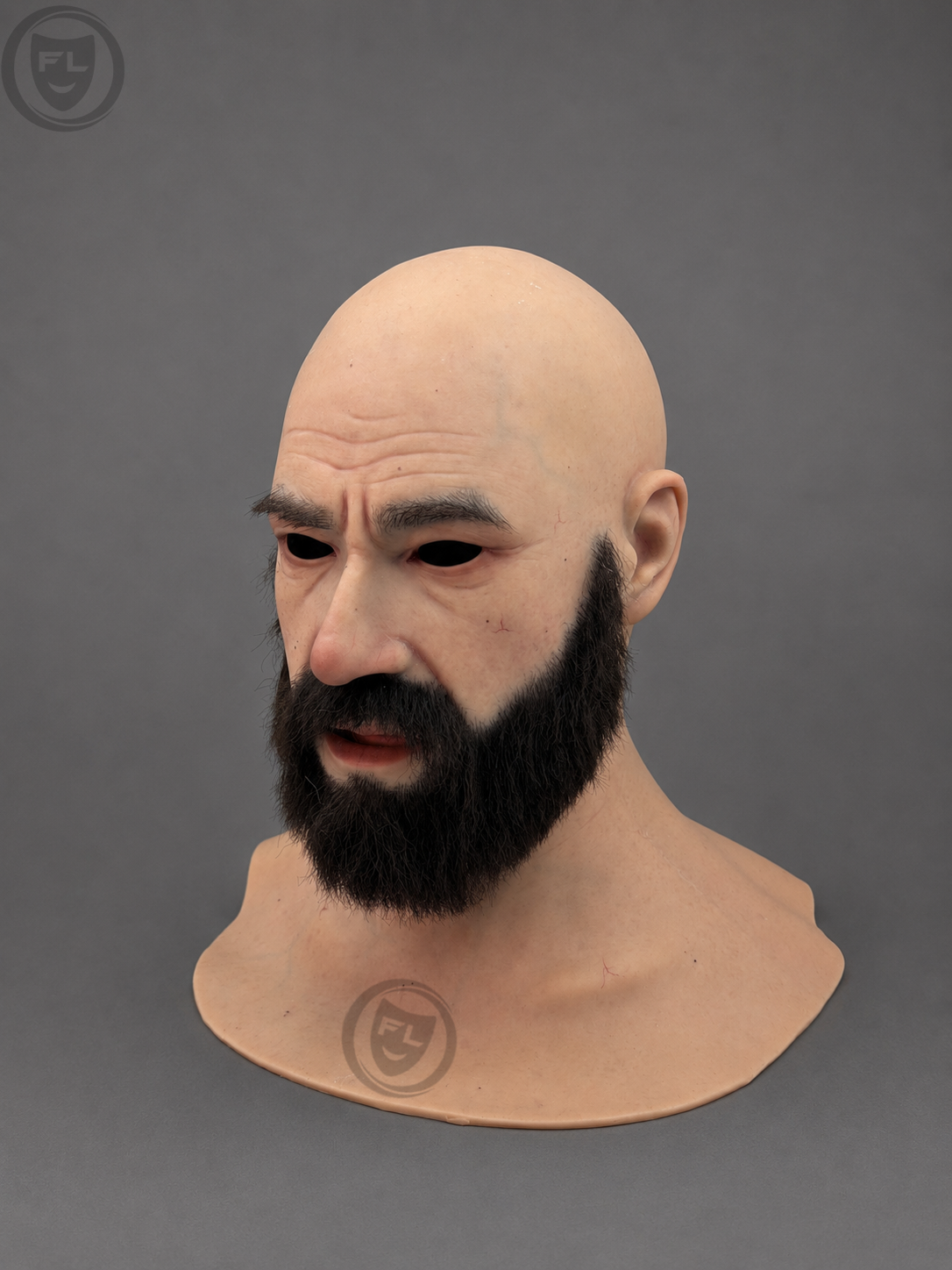 full head silicone mask right side profile with black beard